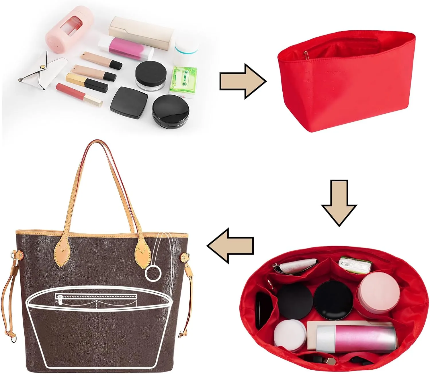 Purse Organizer Insert For Handbags,Purse Organizer with Zipper Pocket silky Bag Organizer For Speedy, Neverfull, ONTHEGO, BOOK Tote, Longchamps 4 Sizes (Medium, Nylon Red)