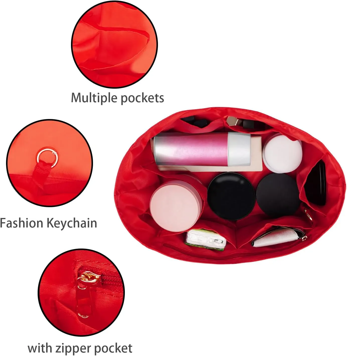 Purse Organizer Insert For Handbags,Purse Organizer with Zipper Pocket silky Bag Organizer For Speedy, Neverfull, ONTHEGO, BOOK Tote, Longchamps 4 Sizes (Medium, Nylon Red)