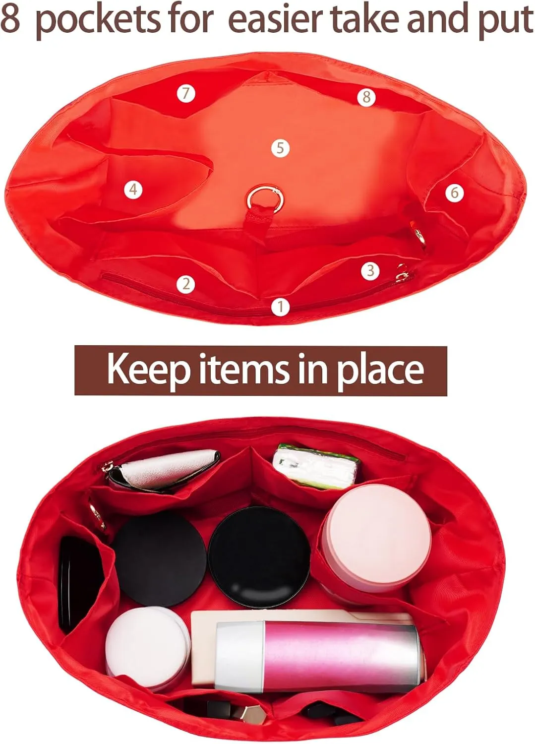Purse Organizer Insert For Handbags,Purse Organizer with Zipper Pocket silky Bag Organizer For Speedy, Neverfull, ONTHEGO, BOOK Tote, Longchamps 4 Sizes (Medium, Nylon Red)