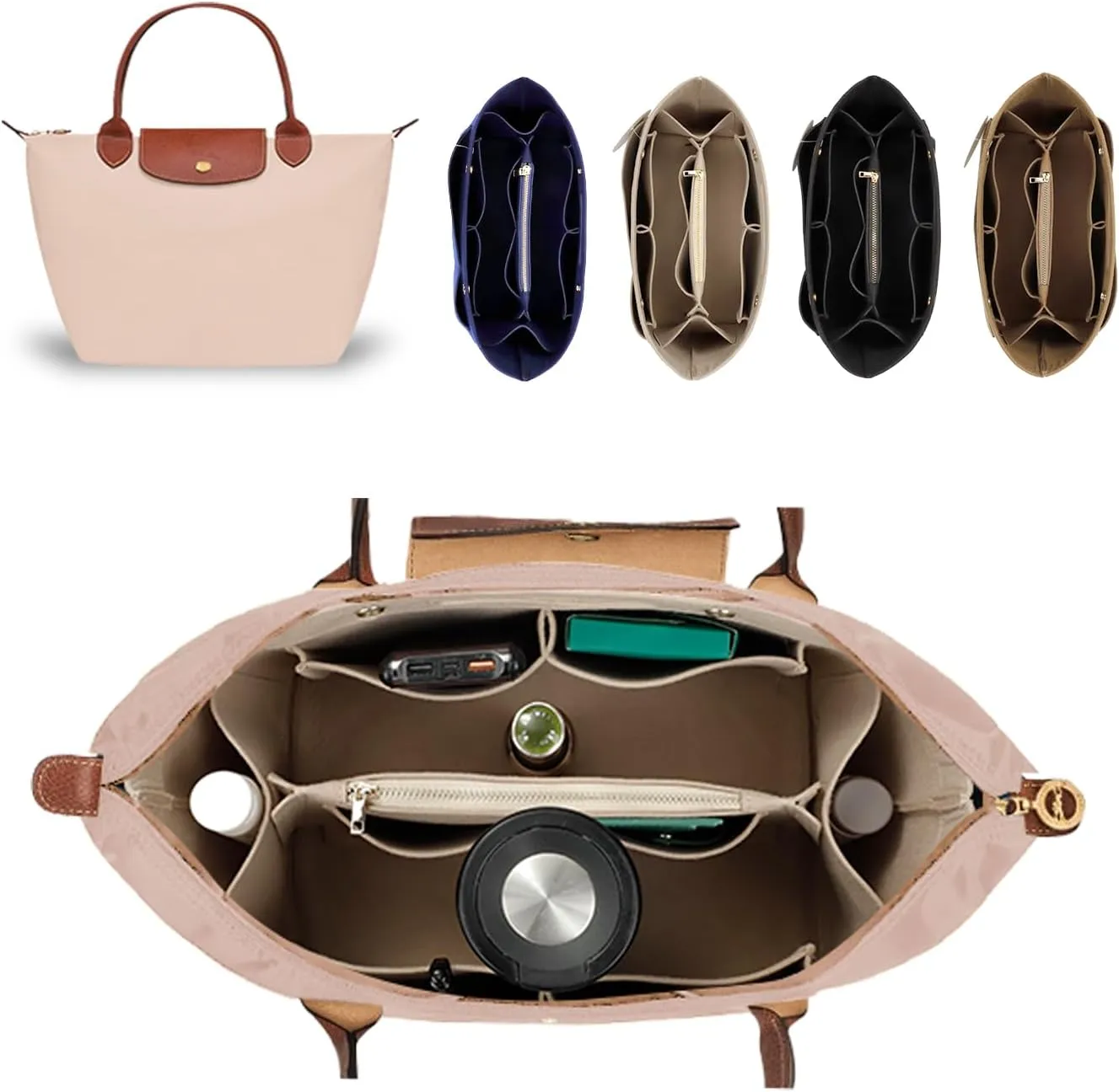 Purse Organizer Insert for Tote, Handbag Organizer Compatible with Shoulder Bag Large/Small, LE PLIAGE Top Handle Small/Medium (Beige, Large)