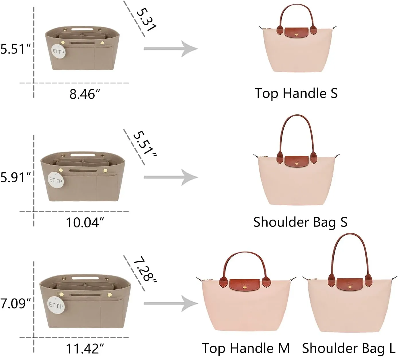 Purse Organizer Insert for Tote, Handbag Organizer Compatible with Shoulder Bag Large/Small, LE PLIAGE Top Handle Small/Medium (Beige, Large)
