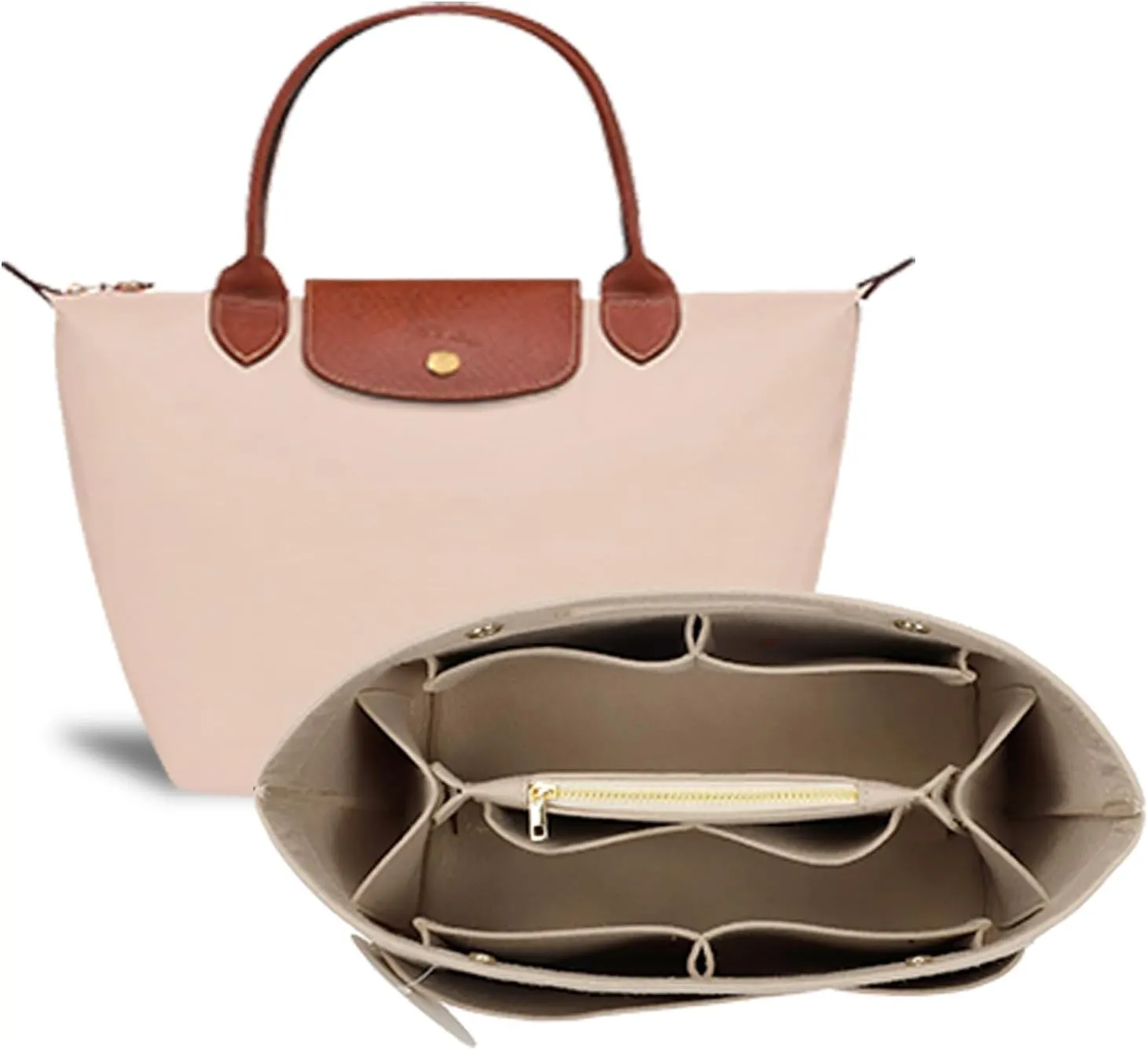 Purse Organizer Insert for Tote, Handbag Organizer Compatible with Shoulder Bag Large/Small, LE PLIAGE Top Handle Small/Medium (Beige, Large)