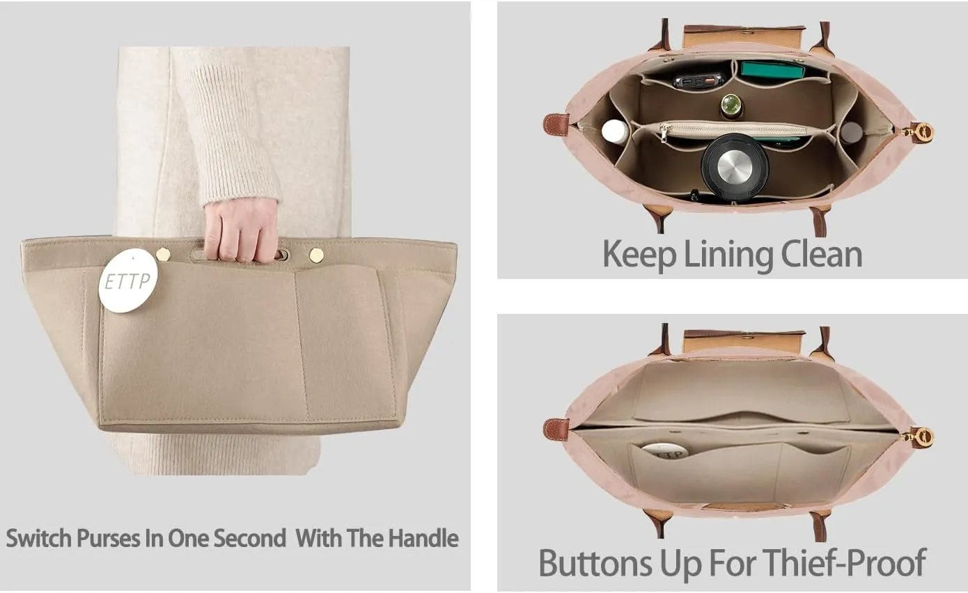 Purse Organizer Insert for Tote, Handbag Organizer Compatible with Shoulder Bag Large/Small, LE PLIAGE Top Handle Small/Medium (Beige, Large)