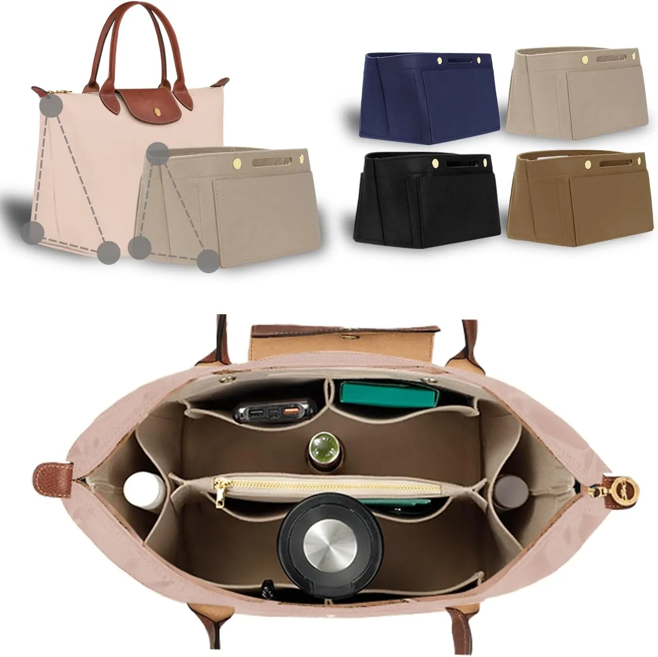 Purse Organizer Insert for Tote, Handbag Organizer Compatible with Shoulder Bag Large/Small, LE PLIAGE Top Handle Small/Medium (Beige, Large)