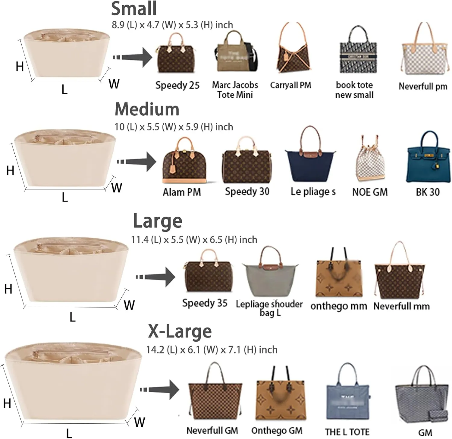 Purse Organizer Insert, Nylon Beige, X-Large (14.2"L x 6.1"W x 7.1"H), 7 Pockets, Lightweight, Perfect for Neverful GM, ONTHEGO GM