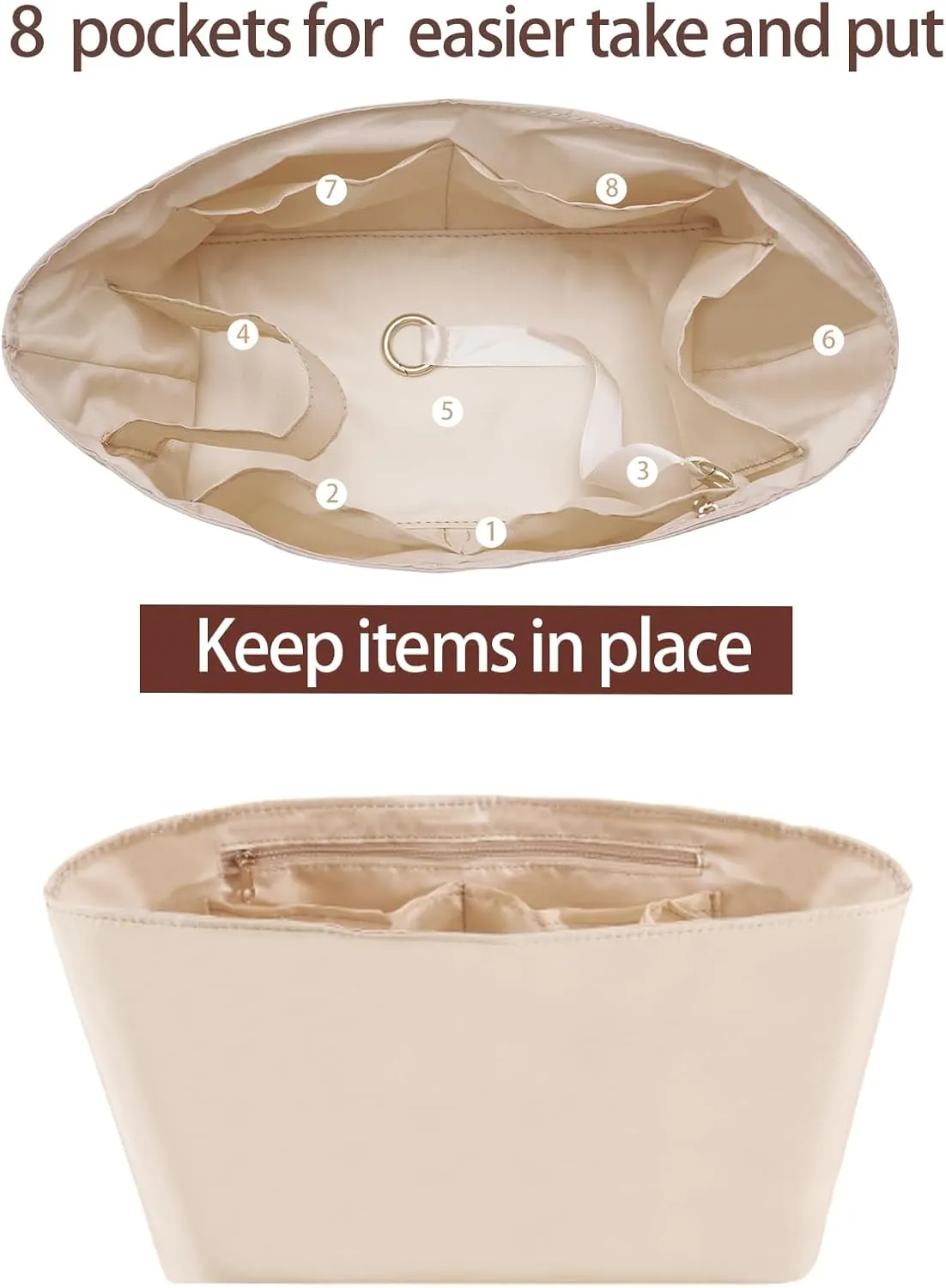Purse Organizer Insert, Nylon Beige, X-Large (14.2"L x 6.1"W x 7.1"H), 7 Pockets, Lightweight, Perfect for Neverful GM, ONTHEGO GM