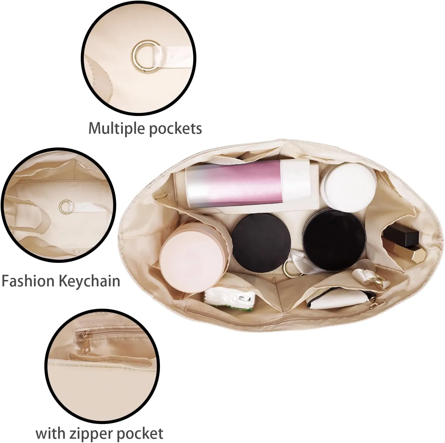 Purse Organizer Insert, Nylon Beige, X-Large (14.2"L x 6.1"W x 7.1"H), 7 Pockets, Lightweight, Perfect for Neverful GM, ONTHEGO GM