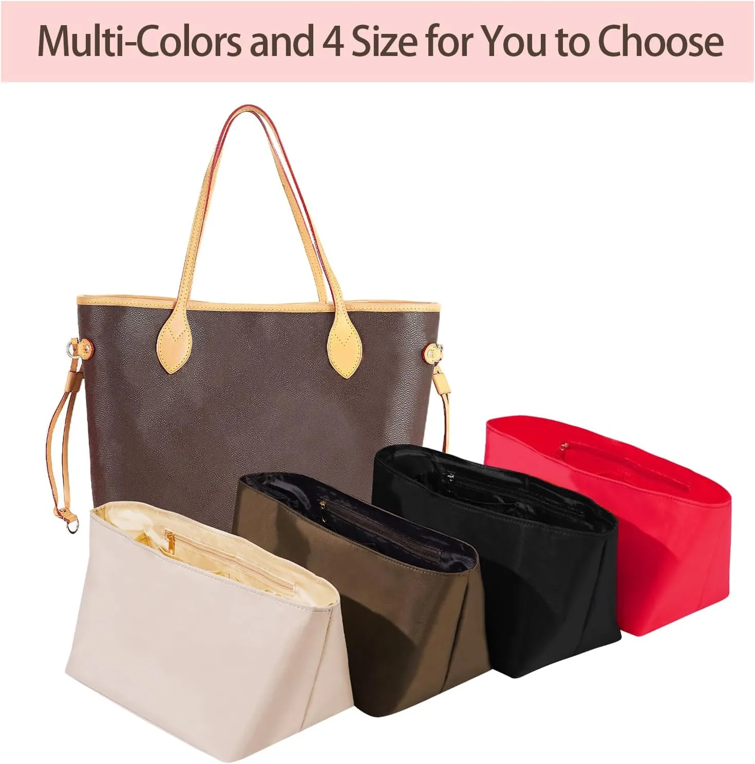 Purse Organizer Insert, Nylon Beige, X-Large (14.2"L x 6.1"W x 7.1"H), 7 Pockets, Lightweight, Perfect for Neverful GM, ONTHEGO GM