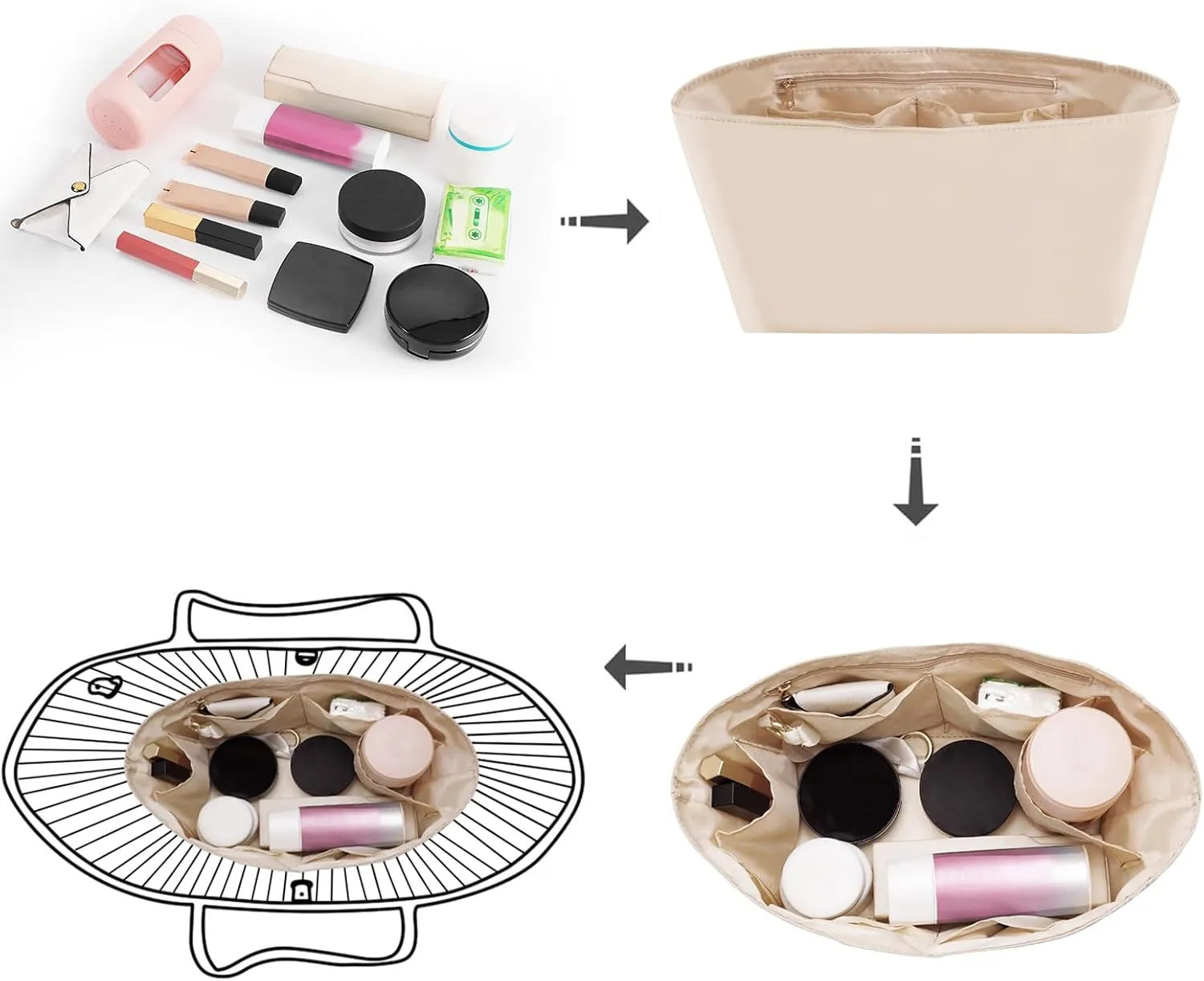 Purse Organizer Insert, Nylon Beige, X-Large (14.2"L x 6.1"W x 7.1"H), 7 Pockets, Lightweight, Perfect for Neverful GM, ONTHEGO GM