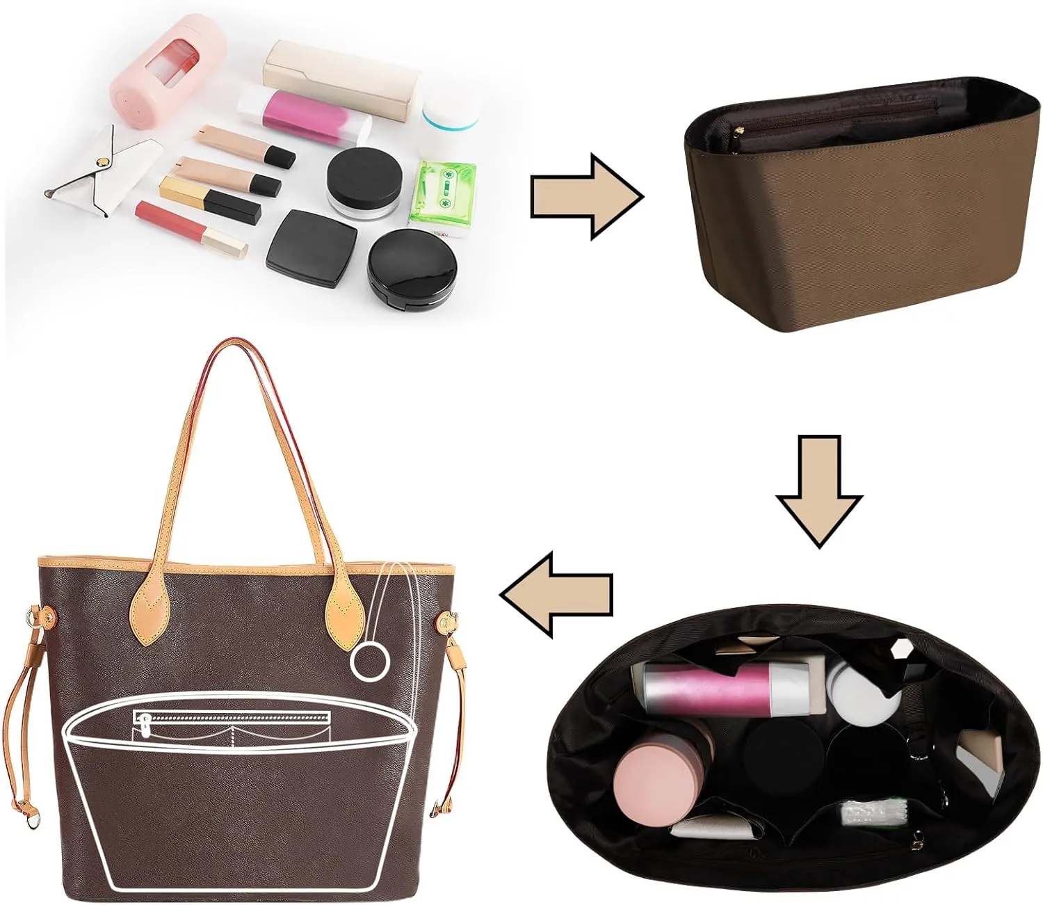 Purse Organizer Insert, Nylon Brown, 10"L x 5.5"W x 5.9"H, 7 Pockets, Unisex, CADDY, Lightweight, Handbag Organizer