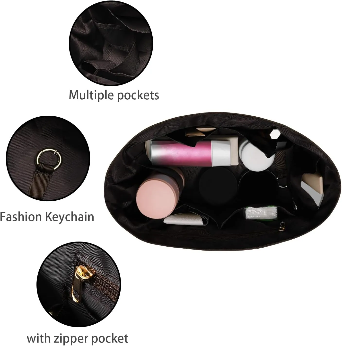 Purse Organizer Insert, Nylon Brown, 10"L x 5.5"W x 5.9"H, 7 Pockets, Unisex, CADDY, Lightweight, Handbag Organizer