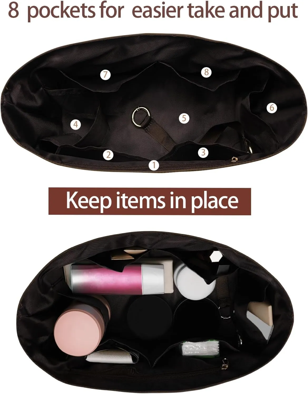 Purse Organizer Insert, Nylon Brown, 10"L x 5.5"W x 5.9"H, 7 Pockets, Unisex, CADDY, Lightweight, Handbag Organizer