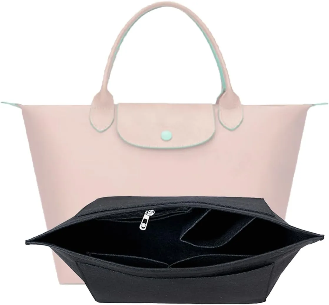 Purse Organizer, Multi-Pocket Felt Handbag Organizer, Folding Tote Bag organizer insert for Insert Wallet Organizer Suitable for Longchamp (Black, Medium)