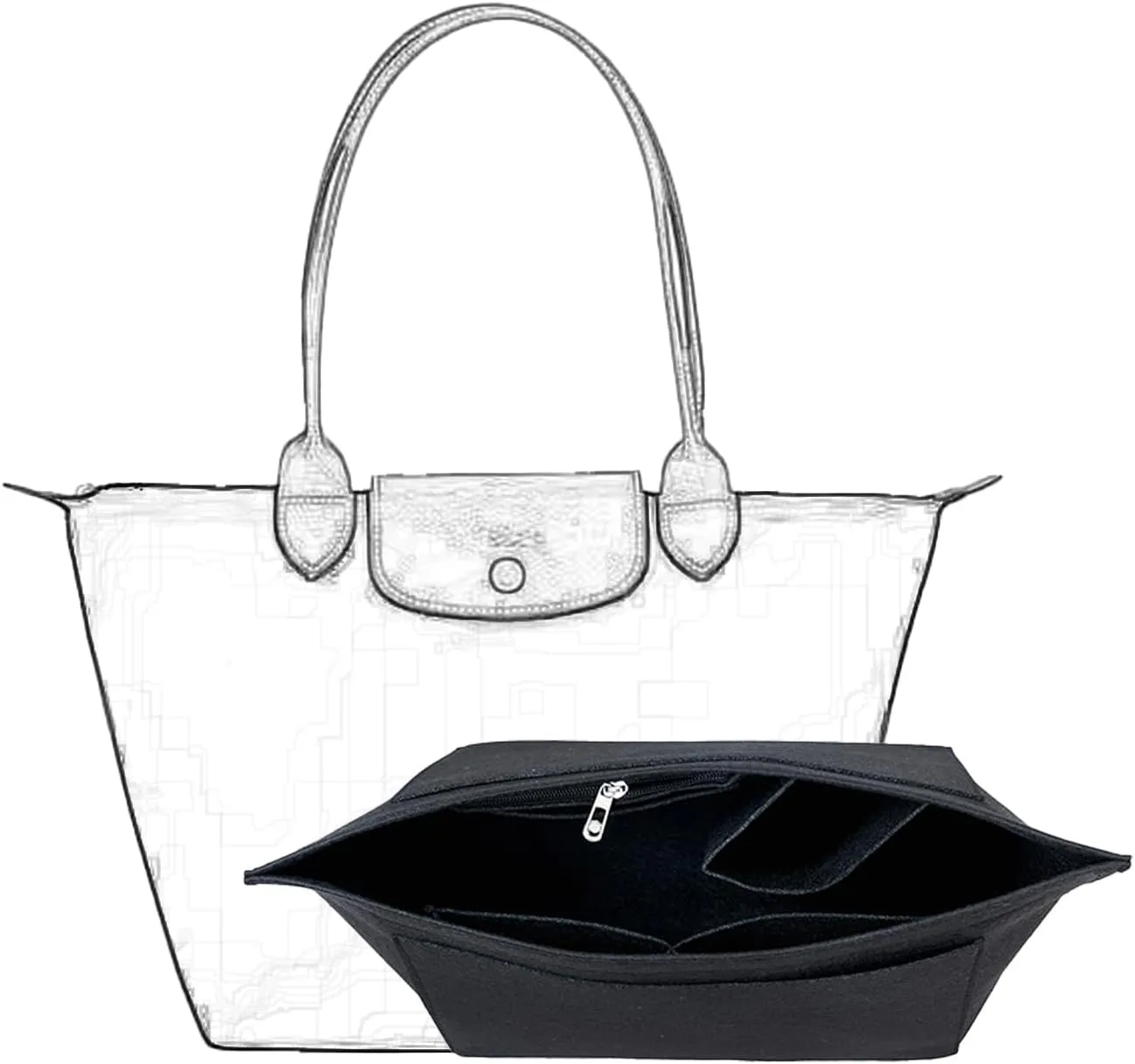 Purse Organizer, Multi-Pocket Felt Handbag Organizer, Folding Tote Bag organizer insert for Insert Wallet Organizer Suitable for Longchamp (Black, Medium)