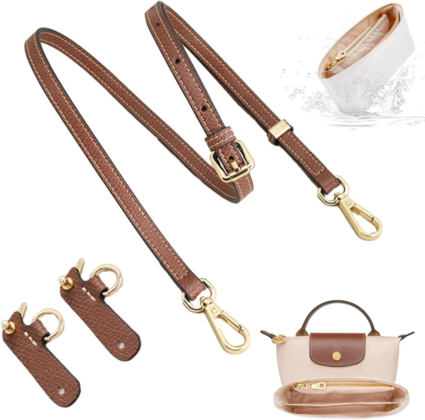 Purse Straps Kit Replacement with Multi-Pocket Waterproof Handbag Organizer Insert Compatible with Mini Longchomp Tote Bag