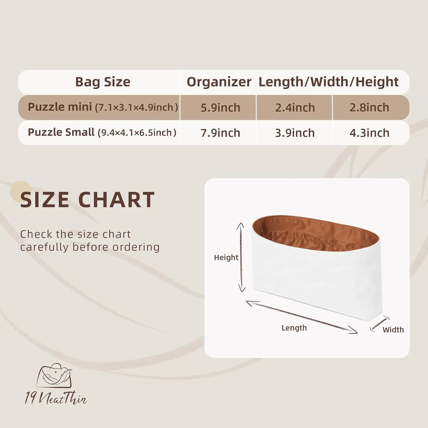 Puzzle Bag Organizer Insert, Lightweight Portable Purse Inner Compatible with Loewe Puzzle Mini Bag, Made of Waterproof Dupontpaper Surface and Silky Satin Lining (Puzzle Mini, Cognac)