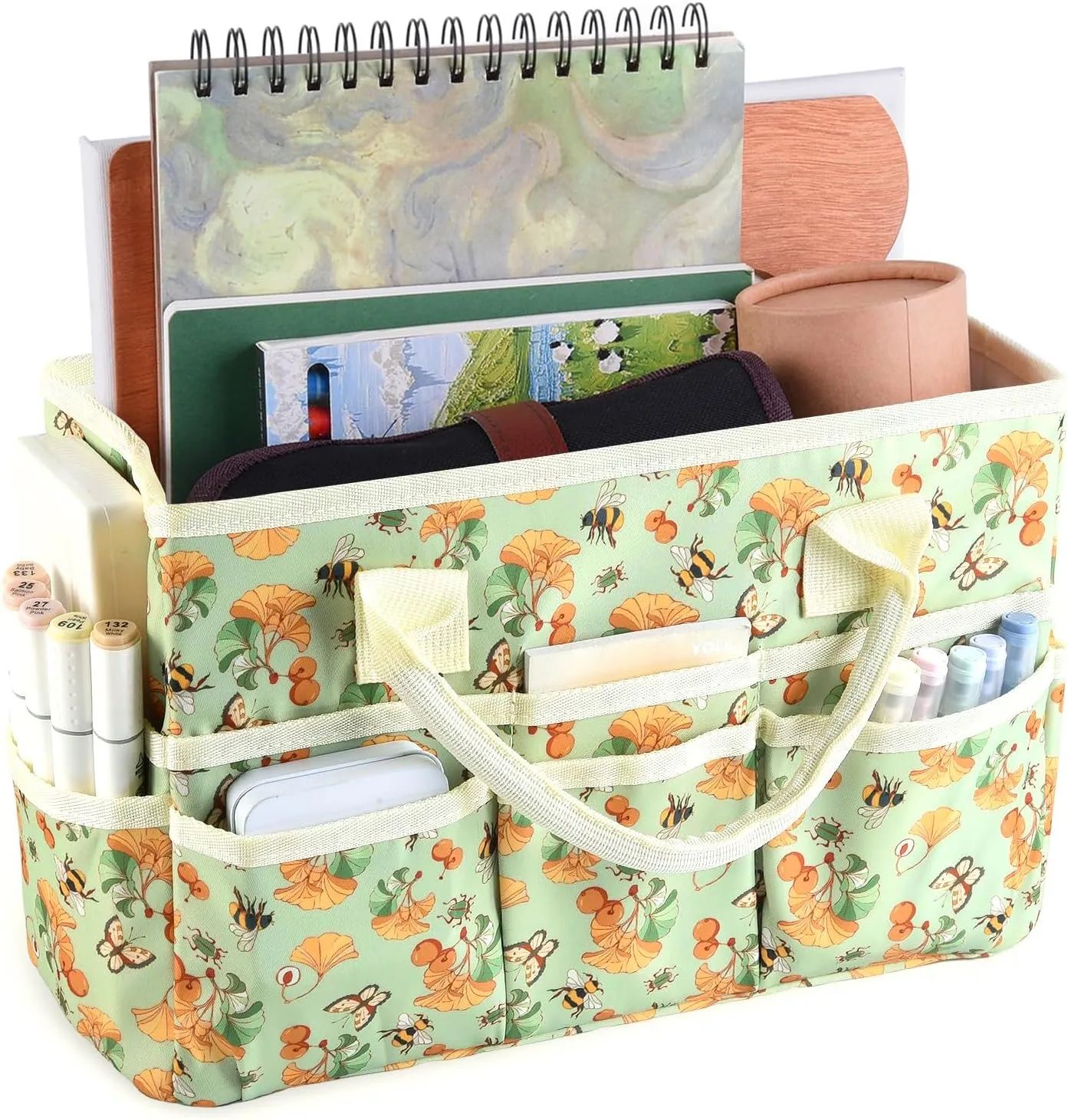 qianshan Craft Organizer Bag with Multiple Pockets, Large Art Storage Caddy with Handles for Art, Craft, Sewing, Make-up,Scrapbooking, Medical, and Office Supplies Storage. Green Ginkgo