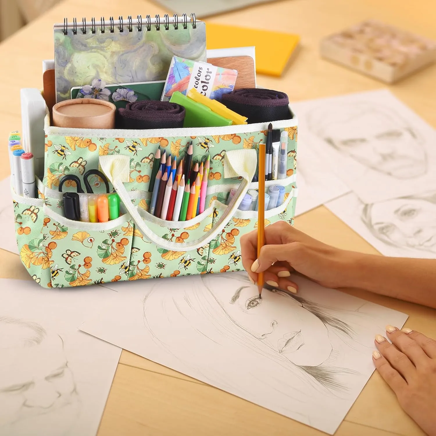 qianshan Craft Organizer Bag with Multiple Pockets, Large Art Storage Caddy with Handles for Art, Craft, Sewing, Make-up,Scrapbooking, Medical, and Office Supplies Storage. Green Ginkgo