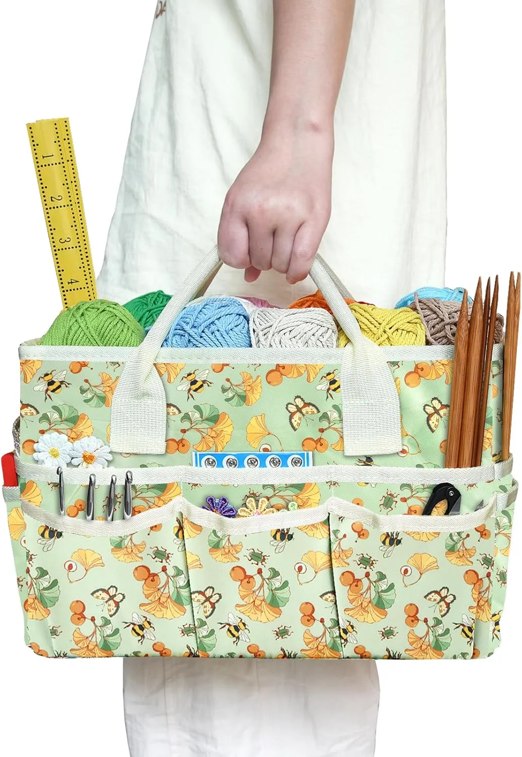 qianshan Craft Organizer Bag with Multiple Pockets, Large Art Storage Caddy with Handles for Art, Craft, Sewing, Make-up,Scrapbooking, Medical, and Office Supplies Storage. Green Ginkgo