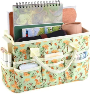 qianshan Craft Organizer Bag with Multiple Pockets, Large Art Storage Caddy with Handles for Art, Craft, Sewing, Make-up,Scrapbooking, Medical, and Office Supplies Storage. Green Ginkgo