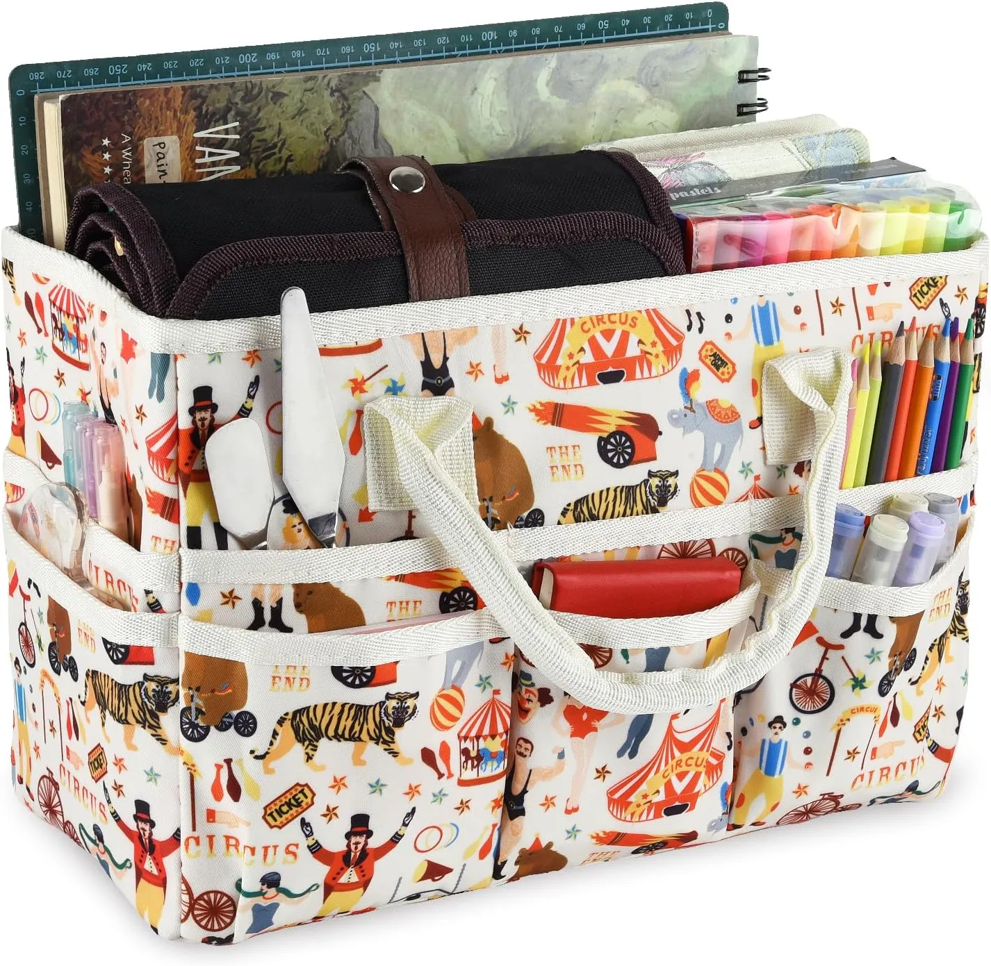 qianshan Craft Organizer Tote Bag with Multiple Pockets, Large Art Storage Caddy with Handles for Art, Craft, Sewing, Make-up，Scrapbooking, Medical, and Office Supplies Storage.Beige Circus