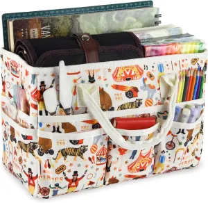 qianshan Craft Organizer Tote Bag with Multiple Pockets, Large Art Storage Caddy with Handles for Art, Craft, Sewing, Make-up，Scrapbooking, Medical, and Office Supplies Storage.Beige Circus