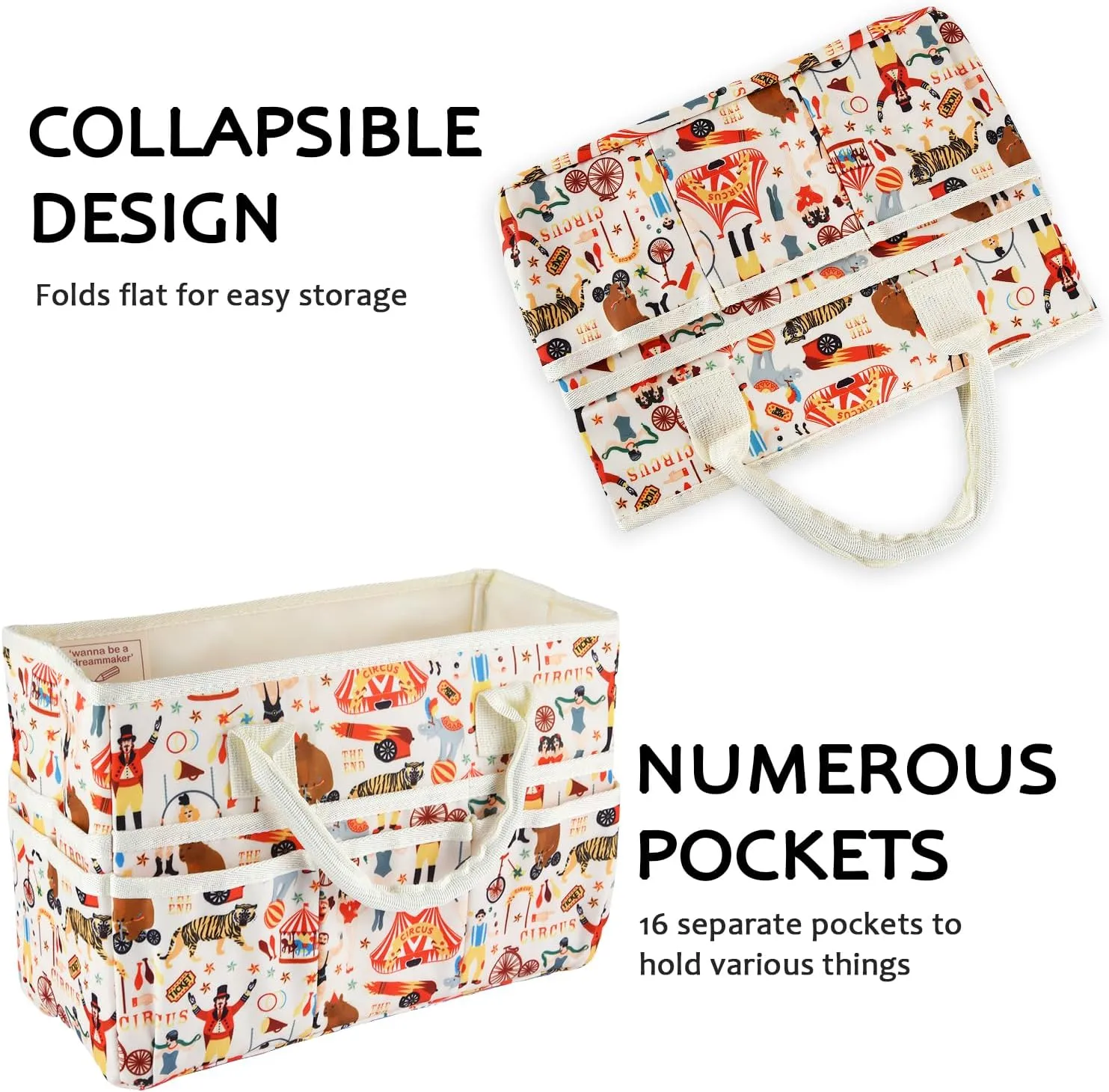 qianshan Craft Organizer Tote Bag with Multiple Pockets, Large Art Storage Caddy with Handles for Art, Craft, Sewing, Make-up，Scrapbooking, Medical, and Office Supplies Storage.Beige Circus