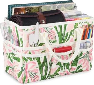 qianshan Craft Organizer Tote Bag with Multiple Pockets, Large Art Storage Caddy with Handles for Art, Craft, Sewing, Make-up，Scrapbooking, Medical, and Office Supplies Storage.Green Pink Printing