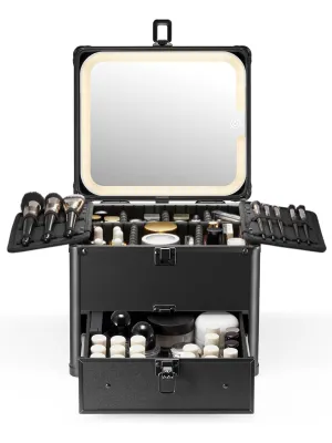Qislee Makeup Box with Drawer and A Detachable Lighted Mirror, Waterproof Travel Train Case, Cosmetic Organizer and Makeup Suitcase with Adjustable Dividers, Magnetic LED Mirror (Black)