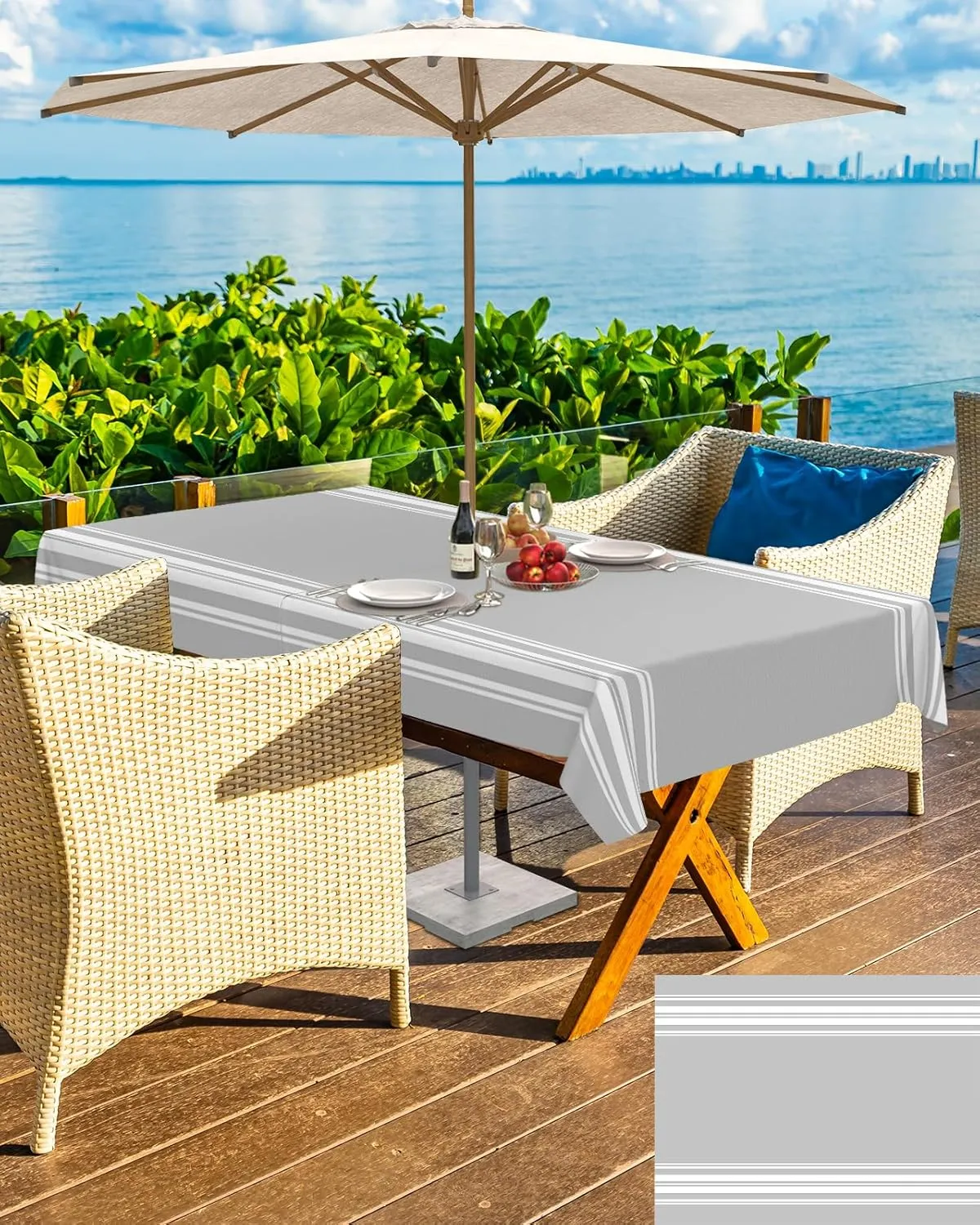 QueenKer Outdoor Tablecloth with Umbrella Hole, Farmhouse Gray White Stripe Rectangle Tables Waterproof Tabletop Collection for Patio, Garden, Picnic, Camping, Dining 54 x 80 inch