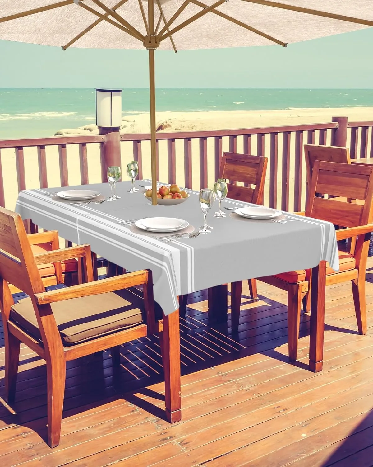 QueenKer Outdoor Tablecloth with Umbrella Hole, Farmhouse Gray White Stripe Rectangle Tables Waterproof Tabletop Collection for Patio, Garden, Picnic, Camping, Dining 54 x 80 inch
