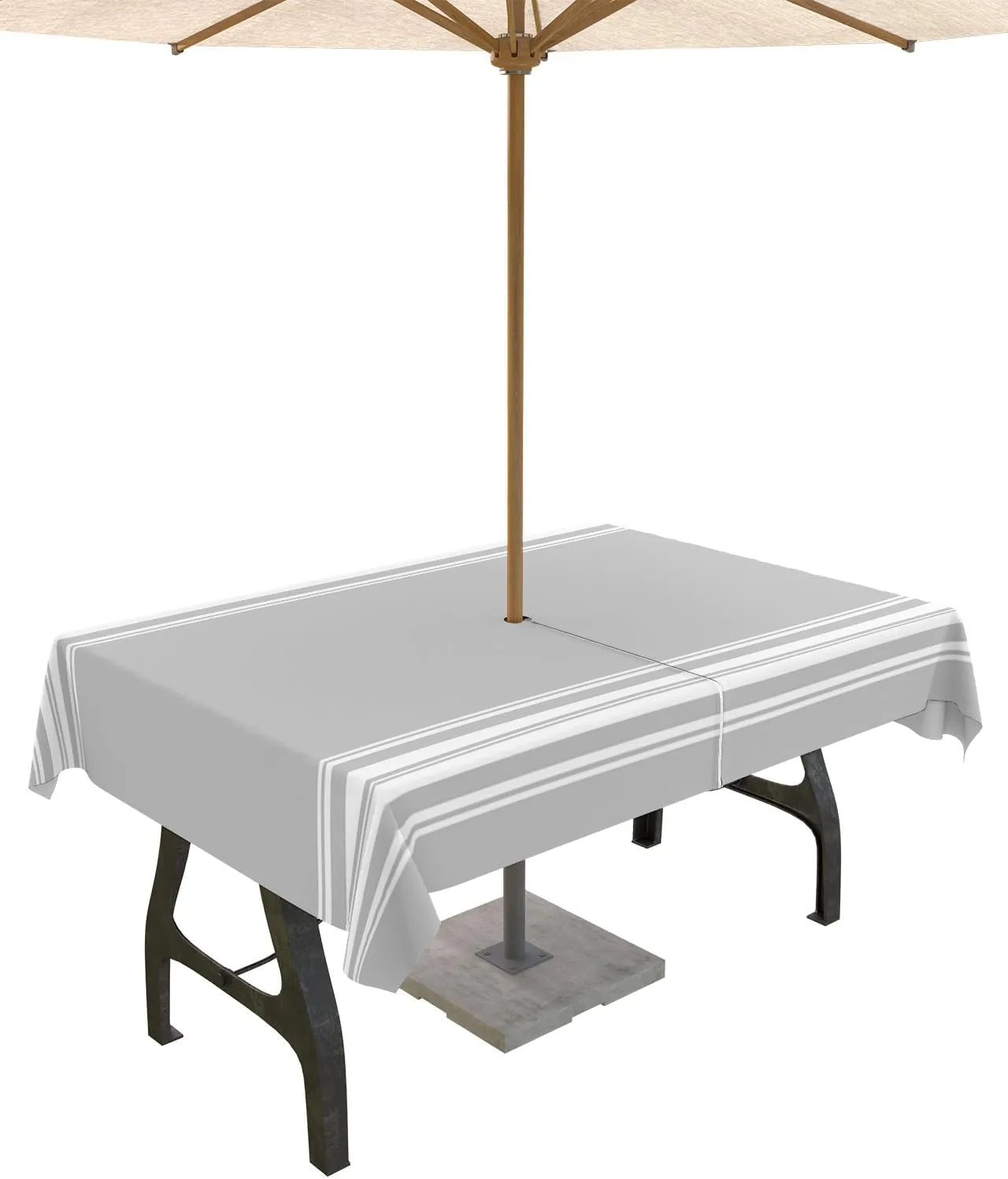 QueenKer Outdoor Tablecloth with Umbrella Hole, Farmhouse Gray White Stripe Rectangle Tables Waterproof Tabletop Collection for Patio, Garden, Picnic, Camping, Dining 54 x 80 inch