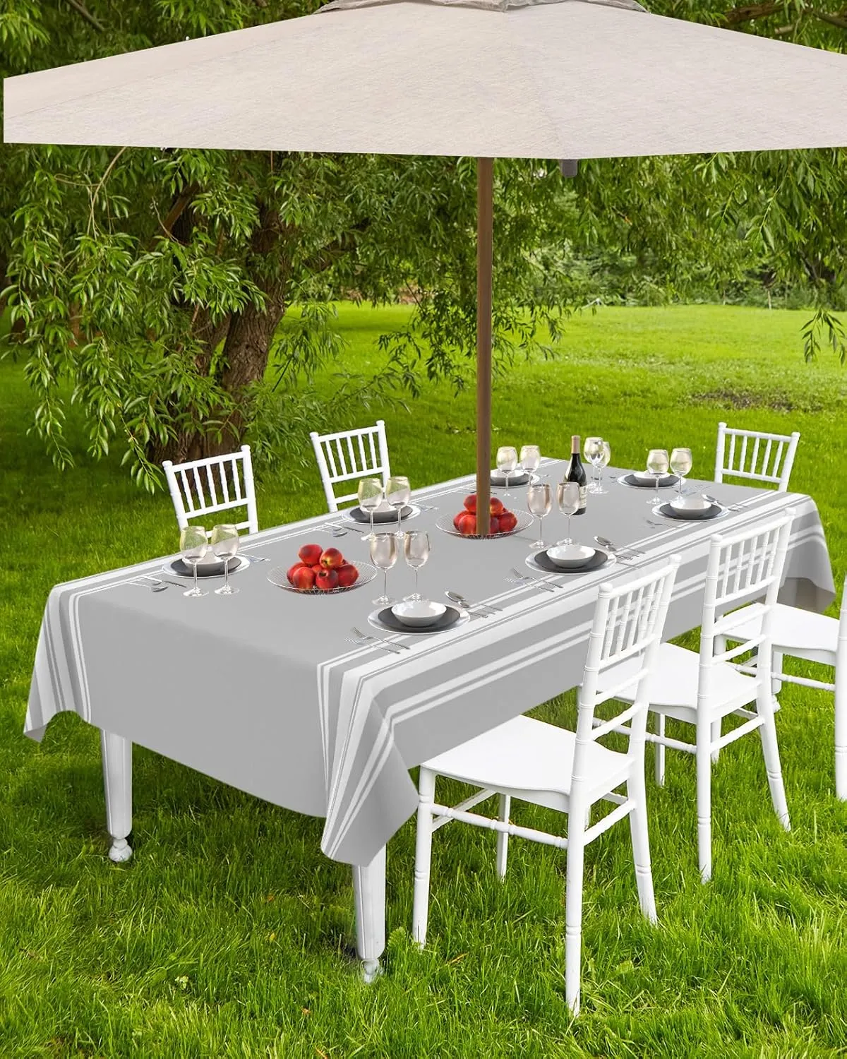 QueenKer Outdoor Tablecloth with Umbrella Hole, Farmhouse Gray White Stripe Rectangle Tables Waterproof Tabletop Collection for Patio, Garden, Picnic, Camping, Dining 54 x 80 inch