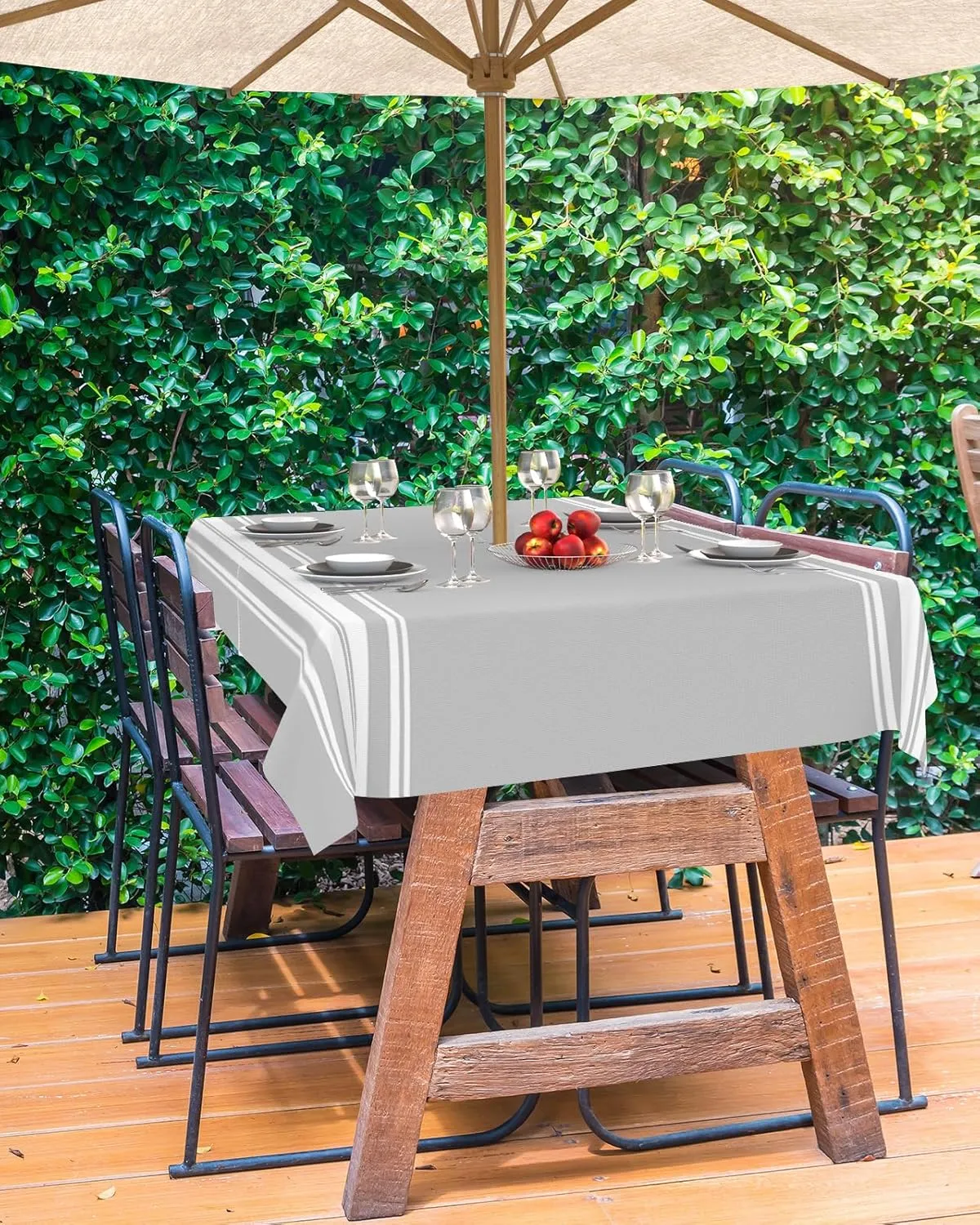 QueenKer Outdoor Tablecloth with Umbrella Hole, Farmhouse Gray White Stripe Rectangle Tables Waterproof Tabletop Collection for Patio, Garden, Picnic, Camping, Dining 54 x 80 inch