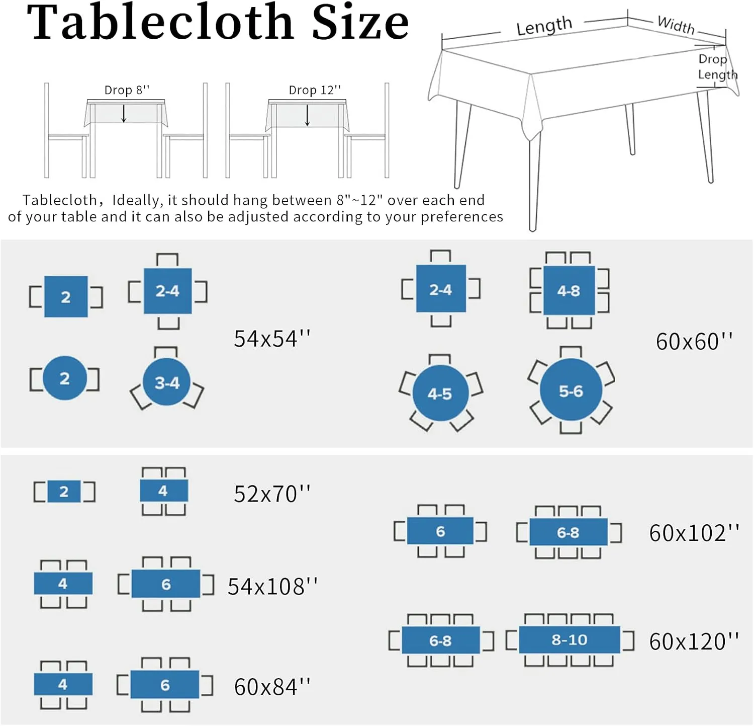 QueenKer Outdoor Tablecloth with Umbrella Hole, Minimalist Lines Leaves Flowers Blue Square Tables Waterproof Tabletop Collection for Patio, Garden, Picnic, Camping, Dining 54 x 54 inch