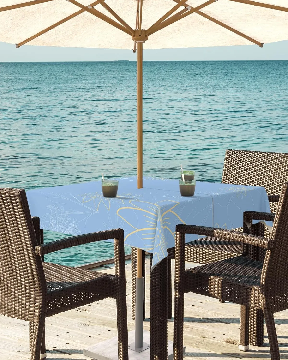 QueenKer Outdoor Tablecloth with Umbrella Hole, Minimalist Lines Leaves Flowers Blue Square Tables Waterproof Tabletop Collection for Patio, Garden, Picnic, Camping, Dining 54 x 54 inch