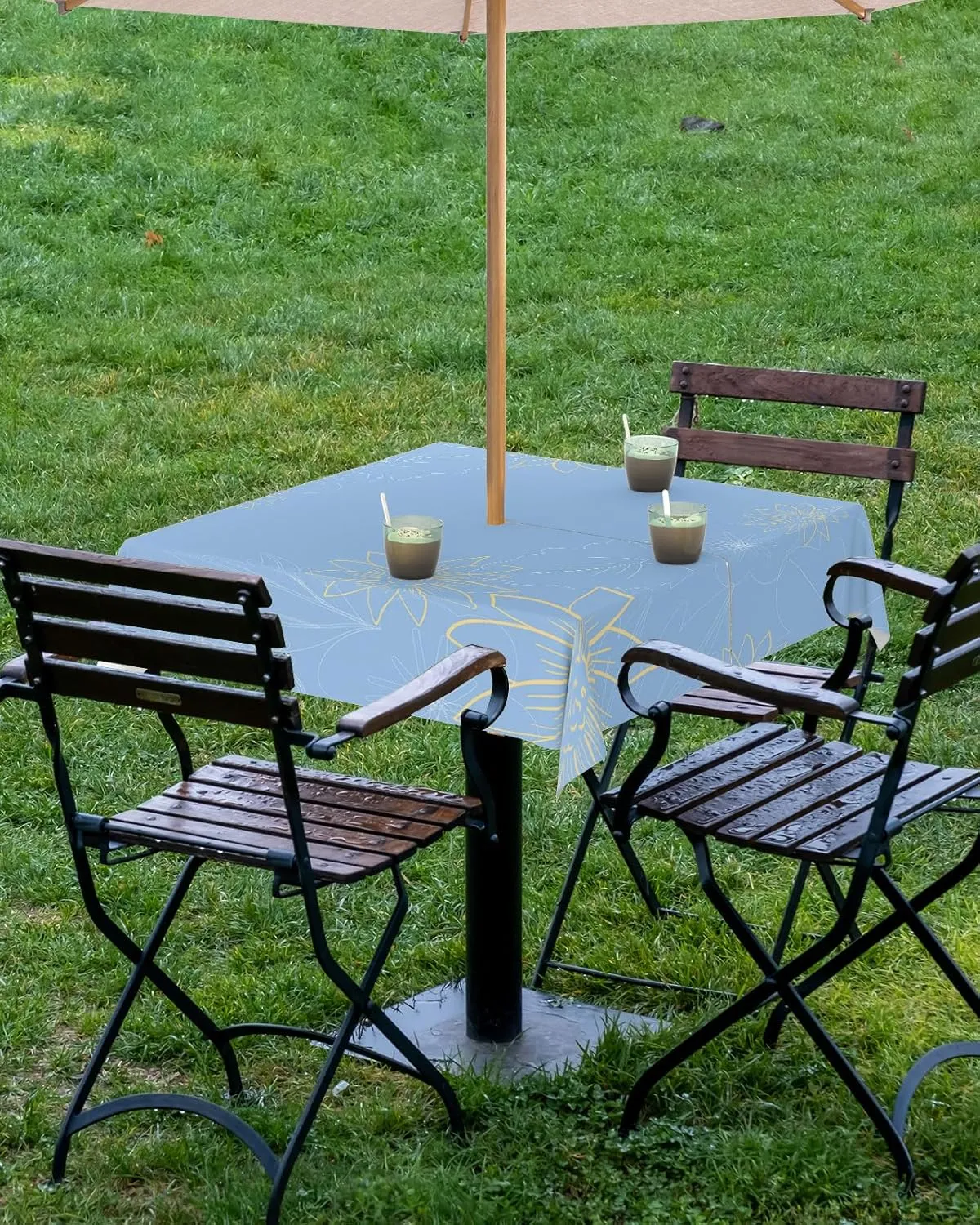 QueenKer Outdoor Tablecloth with Umbrella Hole, Minimalist Lines Leaves Flowers Blue Square Tables Waterproof Tabletop Collection for Patio, Garden, Picnic, Camping, Dining 54 x 54 inch