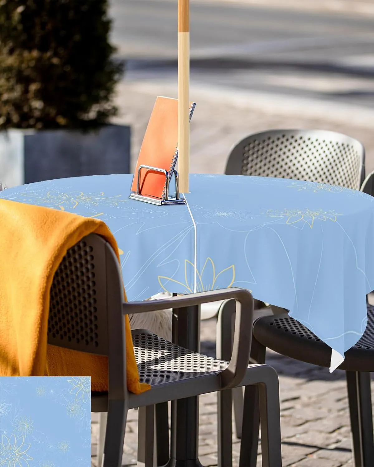 QueenKer Outdoor Tablecloth with Umbrella Hole, Minimalist Lines Leaves Flowers Blue Square Tables Waterproof Tabletop Collection for Patio, Garden, Picnic, Camping, Dining 54 x 54 inch