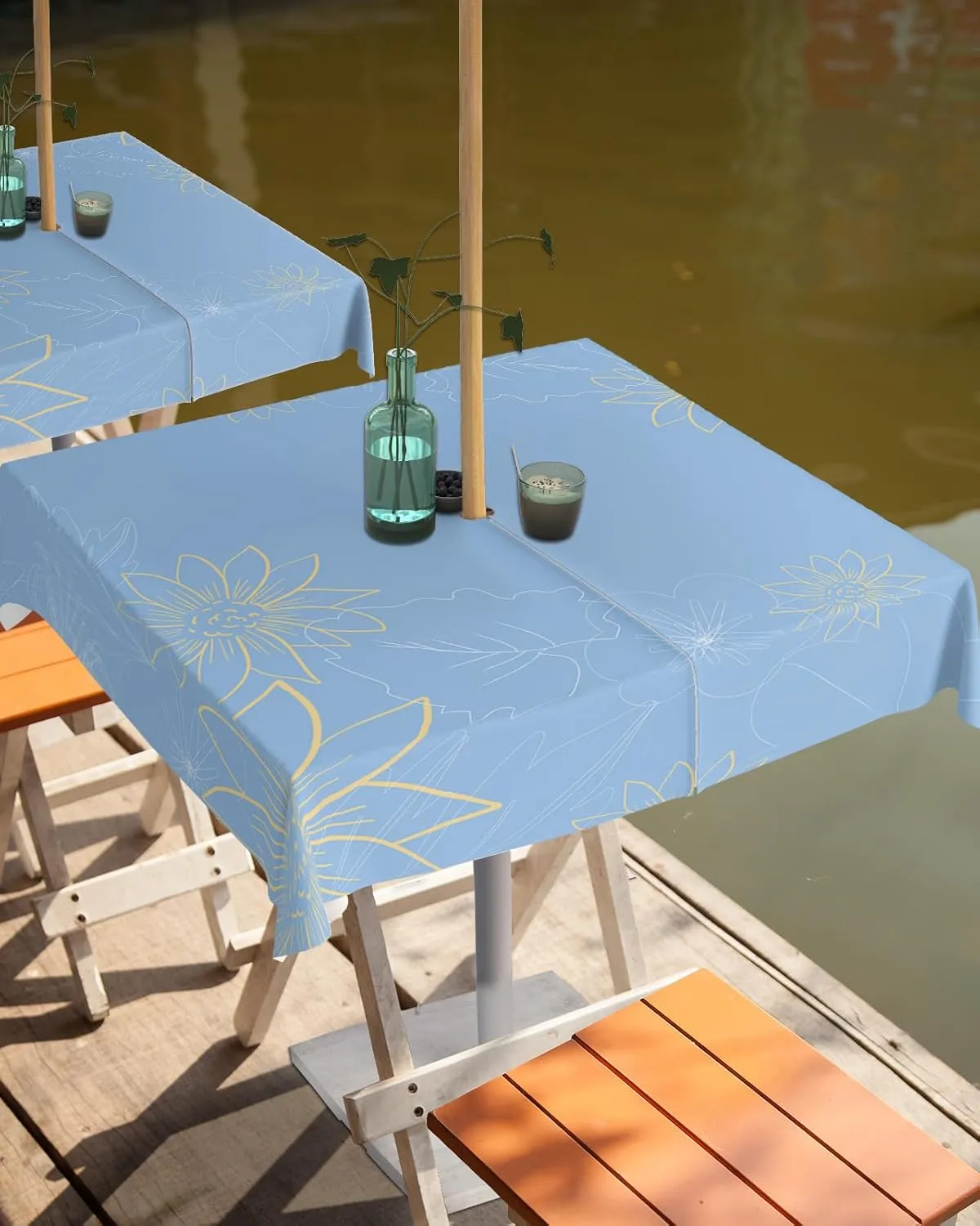 QueenKer Outdoor Tablecloth with Umbrella Hole, Minimalist Lines Leaves Flowers Blue Square Tables Waterproof Tabletop Collection for Patio, Garden, Picnic, Camping, Dining 54 x 54 inch