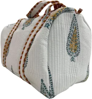 Quilted Cotton Duffle Bag with Paisley Print, White and Teal, Striped Handle Hand block printed Duffle bag
