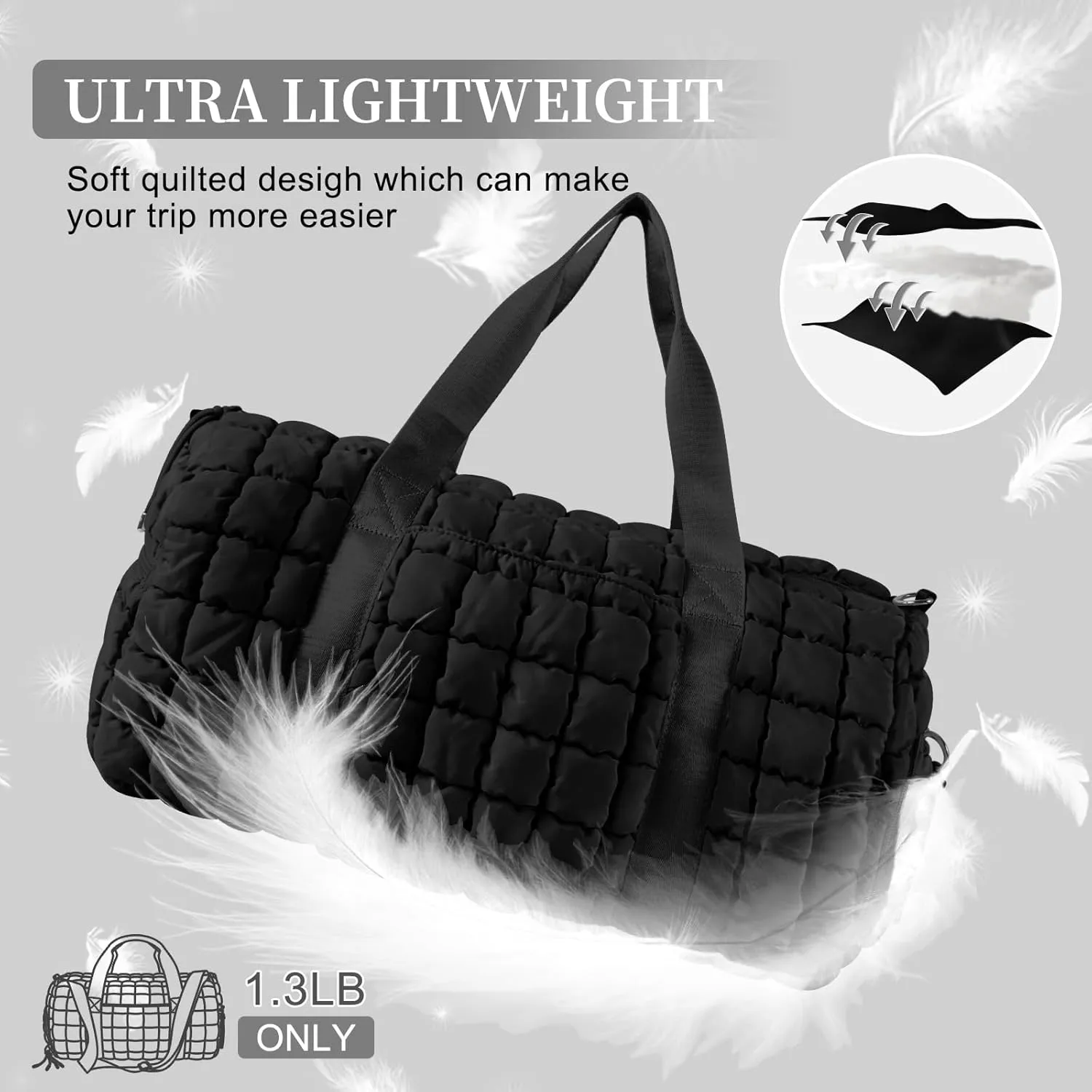 Quilted Travel Duffle Bag Gym Bag for Women,Large Puffer Duffle Weekender Bag with Compartment,Workout Overnight Carry on Organizer Bag Duffle Bag for Airplane Travel(Black)