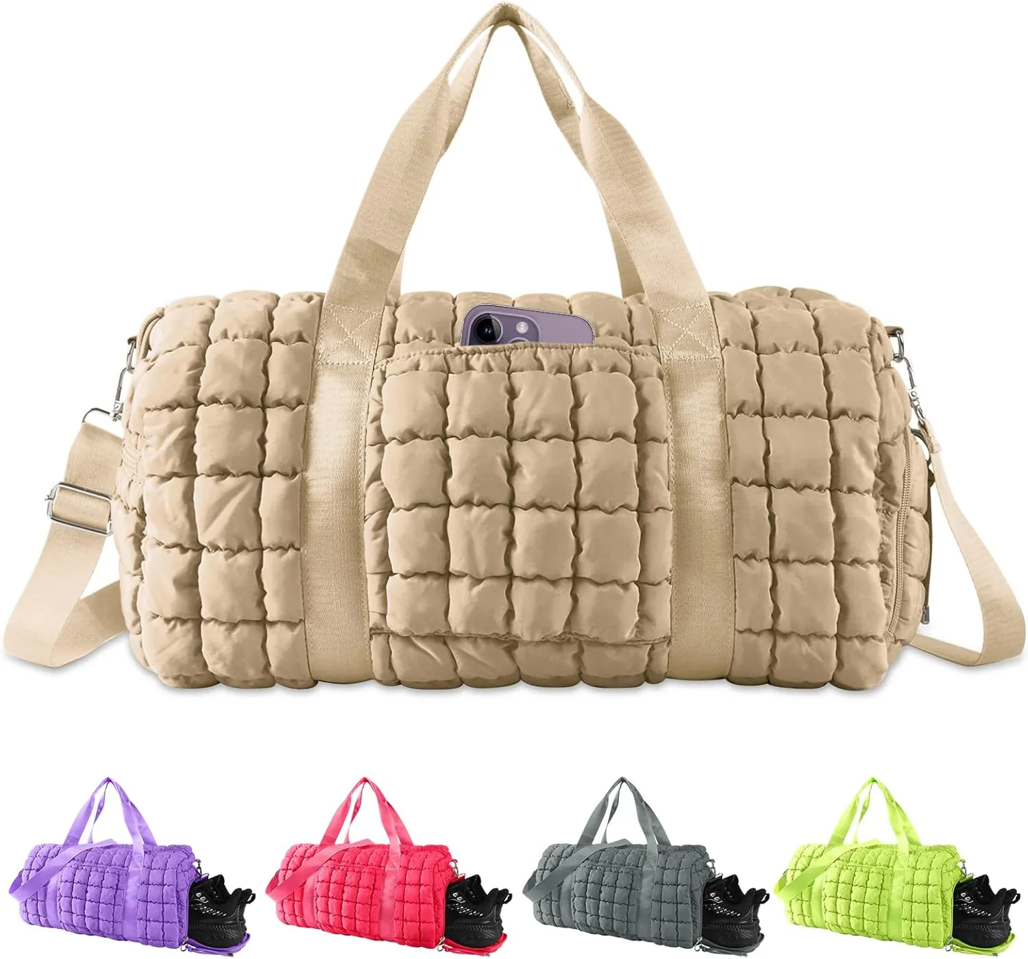 Quilted Travel Duffle Bag Gym Bag for Women,Large Puffer Duffle Weekender Bag with Compartment,Workout Overnight Carry on Organizer Bag Duffle Bag for Airplane Travel(Khaki)