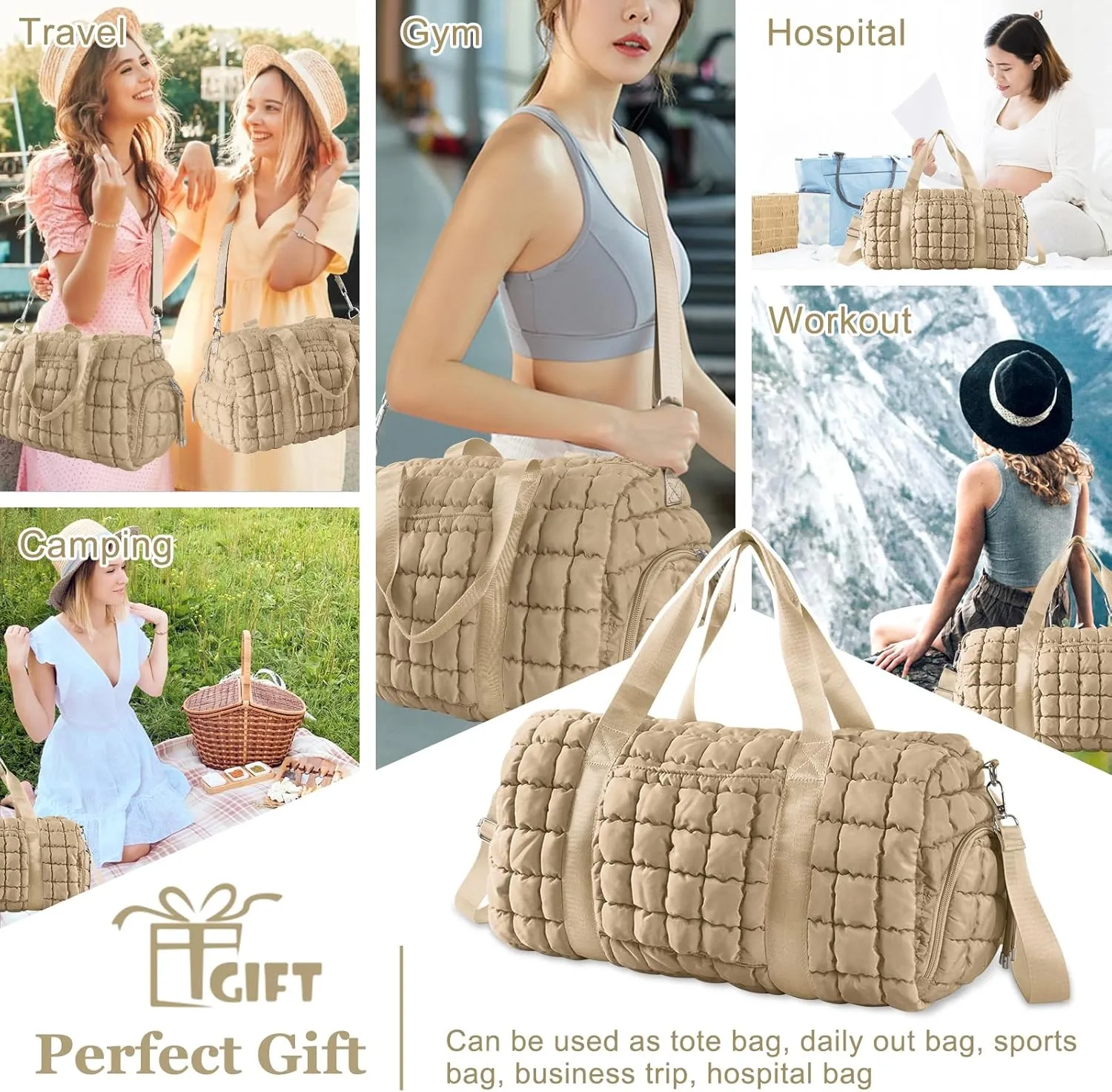 Quilted Travel Duffle Bag Gym Bag for Women,Large Puffer Duffle Weekender Bag with Compartment,Workout Overnight Carry on Organizer Bag Duffle Bag for Airplane Travel(Khaki)