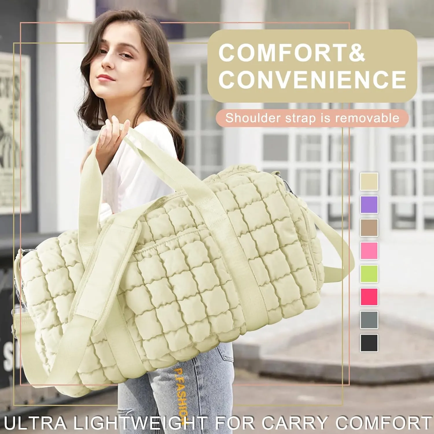 Quilted Travel Duffle Bag Gym Bag for Women,Large Puffer Duffle Weekender Bag with Compartment,Workout Overnight Carry on Organizer Bag Duffle Bag for Airplane Travel(L-Off-white)