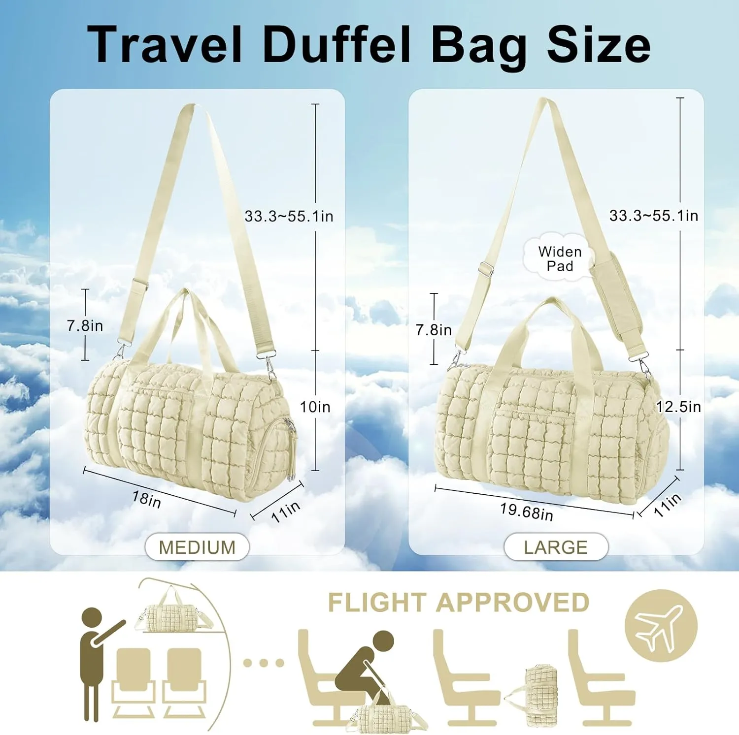 Quilted Travel Duffle Bag Gym Bag for Women,Large Puffer Duffle Weekender Bag with Compartment,Workout Overnight Carry on Organizer Bag Duffle Bag for Airplane Travel(L-Off-white)