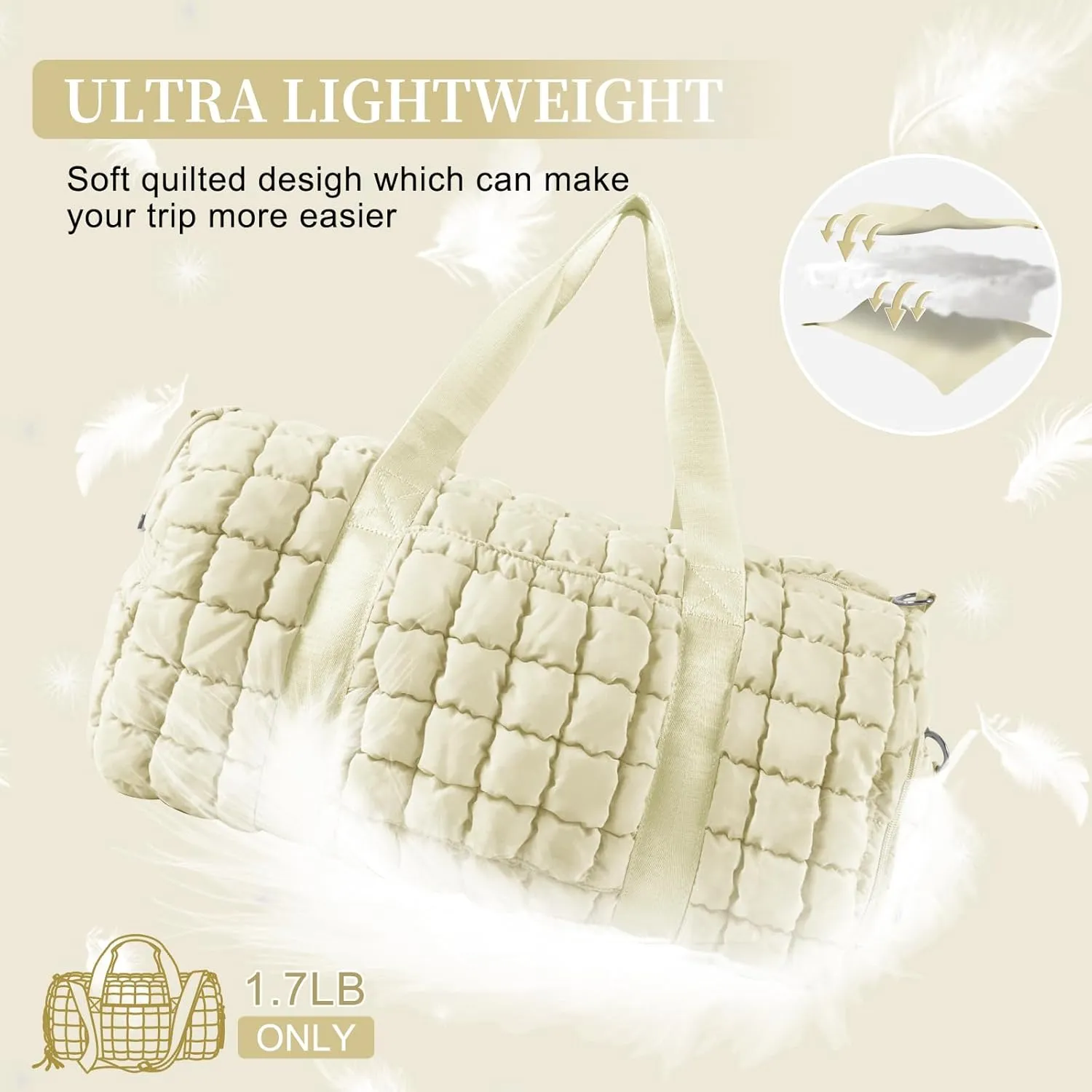 Quilted Travel Duffle Bag Gym Bag for Women,Large Puffer Duffle Weekender Bag with Compartment,Workout Overnight Carry on Organizer Bag Duffle Bag for Airplane Travel(L-Off-white)