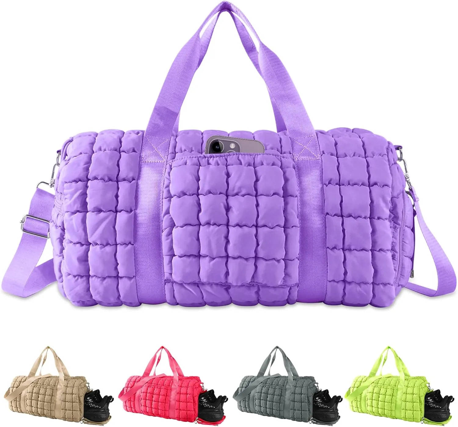 Quilted Travel Duffle Bag Gym Bag for Women,Large Puffer Duffle Weekender Bag with Compartment,Workout Overnight Carry on Organizer Bag Duffle Bag for Airplane Travel(Purple)