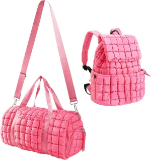 Quilted Travel Duffle Bag Gym Bag&Quilted Backpack Purse for Women,Large Puffer Duffle Weekender Bag Lightweight Puffer Puffy College Laptop Backpack with Compartment for Travel Gym Airplane(Pink)