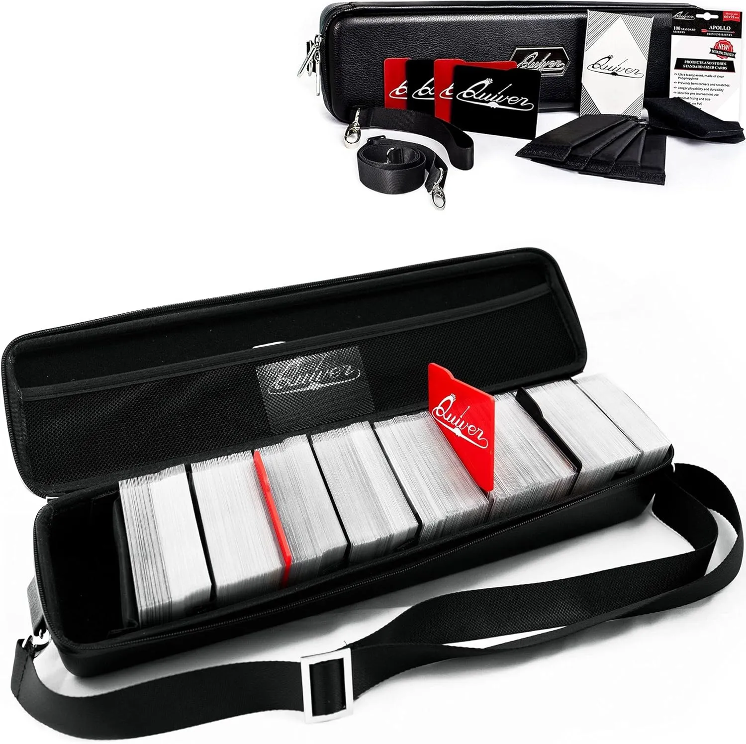 Quiver Time Black Quiver Card Carrying Case - TCG Cards Deck Box Holder for Trading Cards, MTG Bag Playing Card Case ( Wrist & Shoulder Strap, Dividers, Separators, Corner Pads   100 Apollo Sleeves)