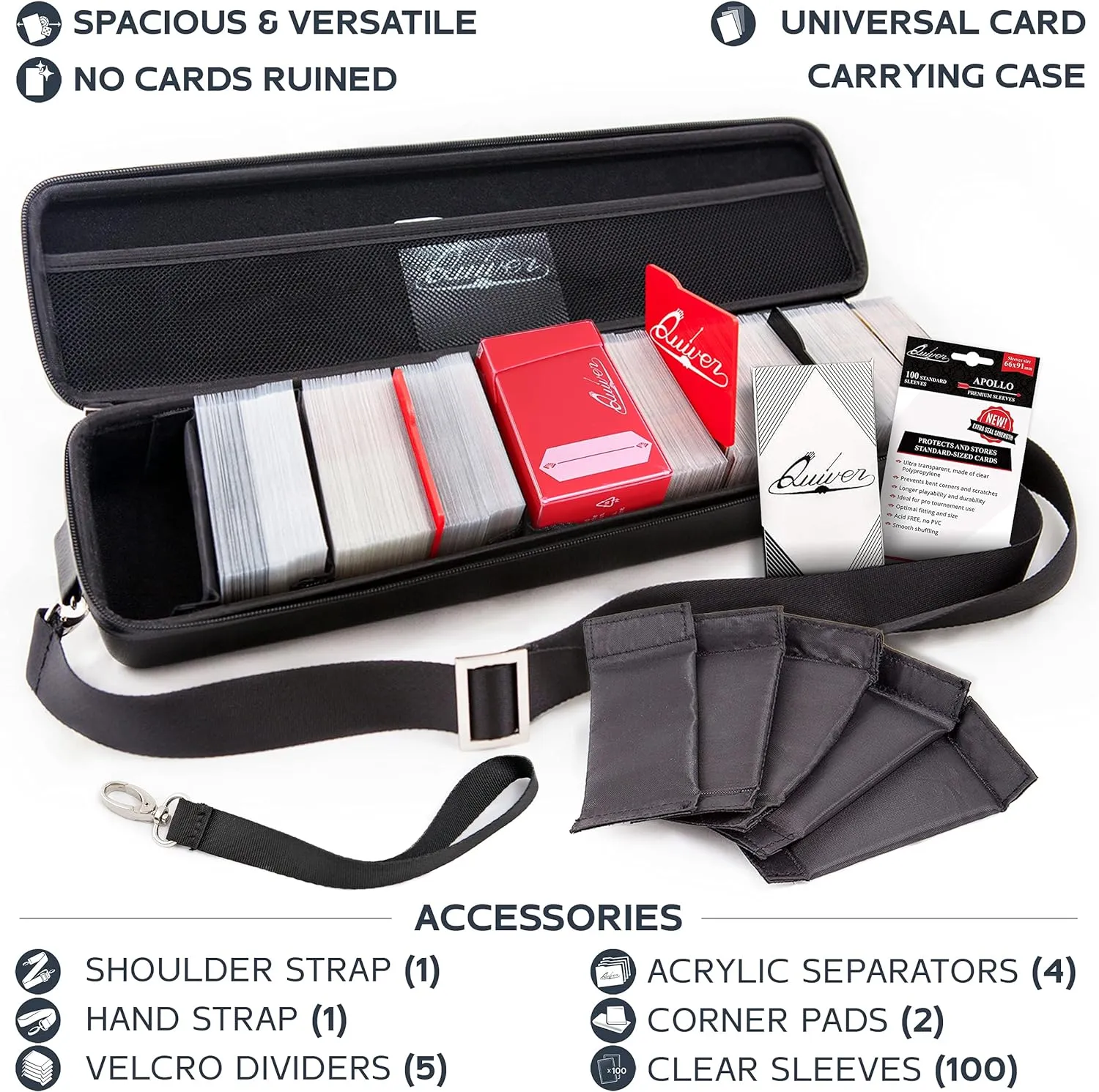 Quiver Time Black Quiver Card Carrying Case - TCG Cards Deck Box Holder for Trading Cards, MTG Bag Playing Card Case ( Wrist & Shoulder Strap, Dividers, Separators, Corner Pads   100 Apollo Sleeves)